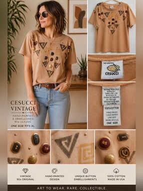 Vintage 90s Cesucci Hand Painted Embellished Tee Tan Brown Geometric Art Shirt